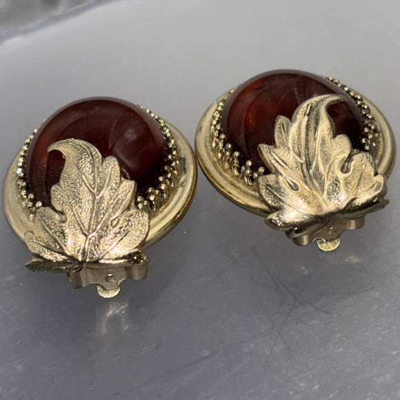 Vintage Whiting & Davis Amber Glass Leaf Cuff Bracelet Earrings Set Signed Gold - Picture 7 of 11
